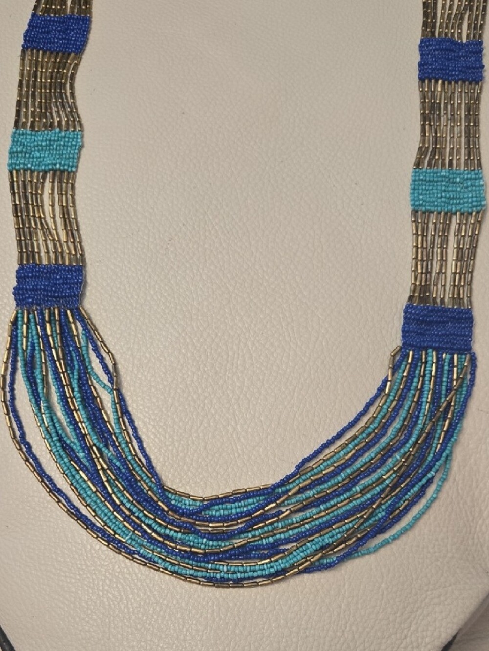 Handmade Multi-Strand Beaded Statement Necklace Blue, Teal & Metallic Gold